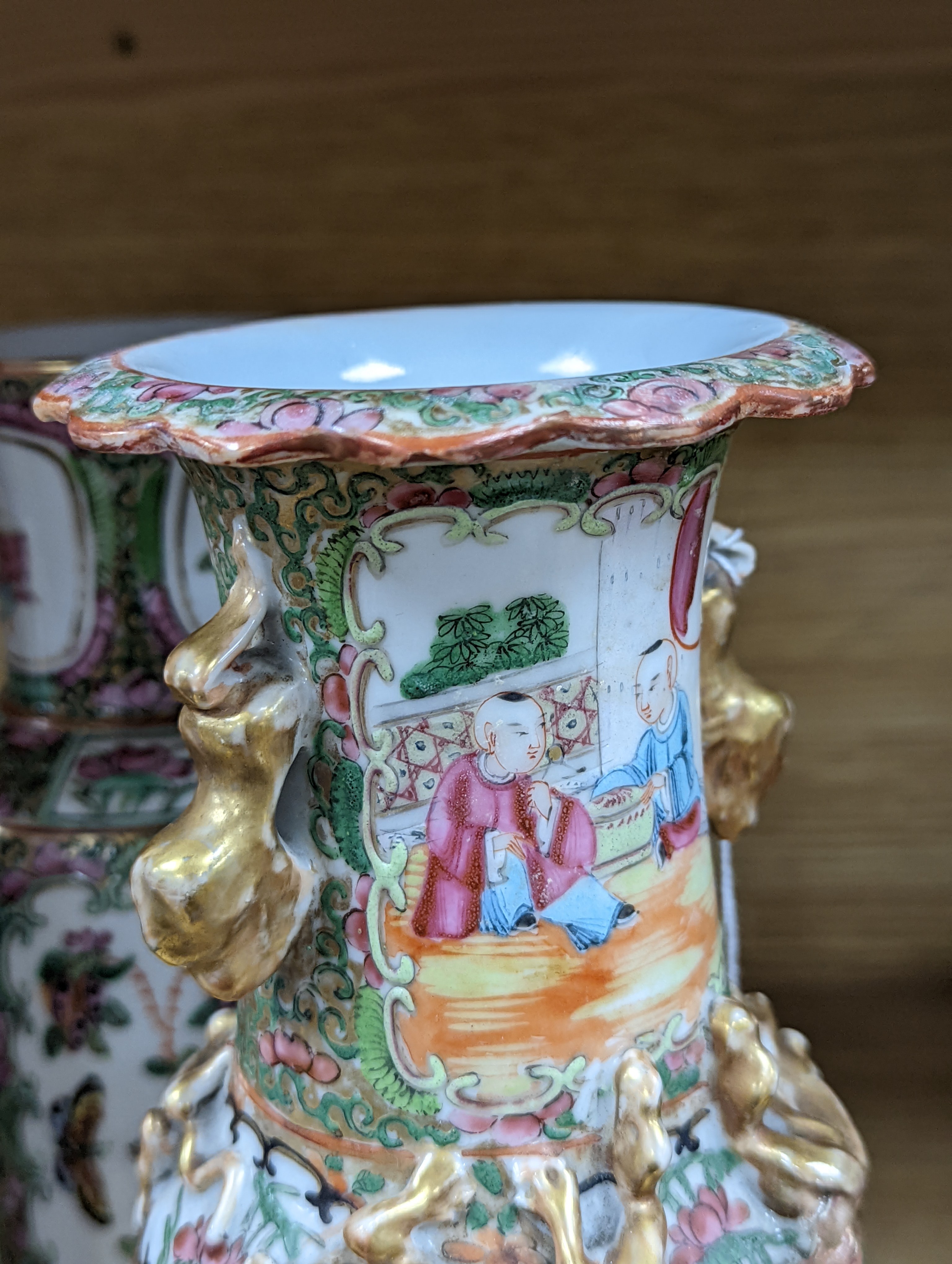 Two Chinese famille rose vases, late 19th century, tallest 26 cm, one wood stand, some restoration